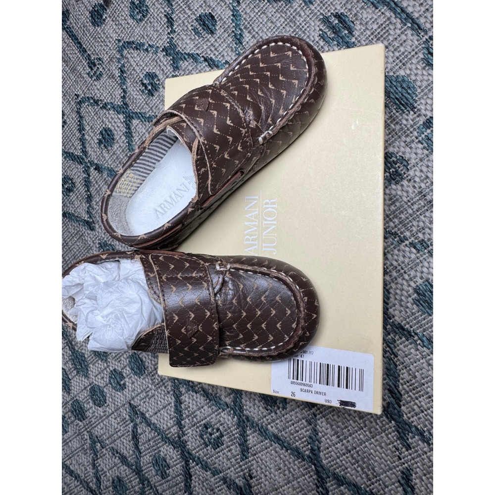 Armani Junior Boys Brown Leather Logo Driver Loafers Size 26 US 9 AX501